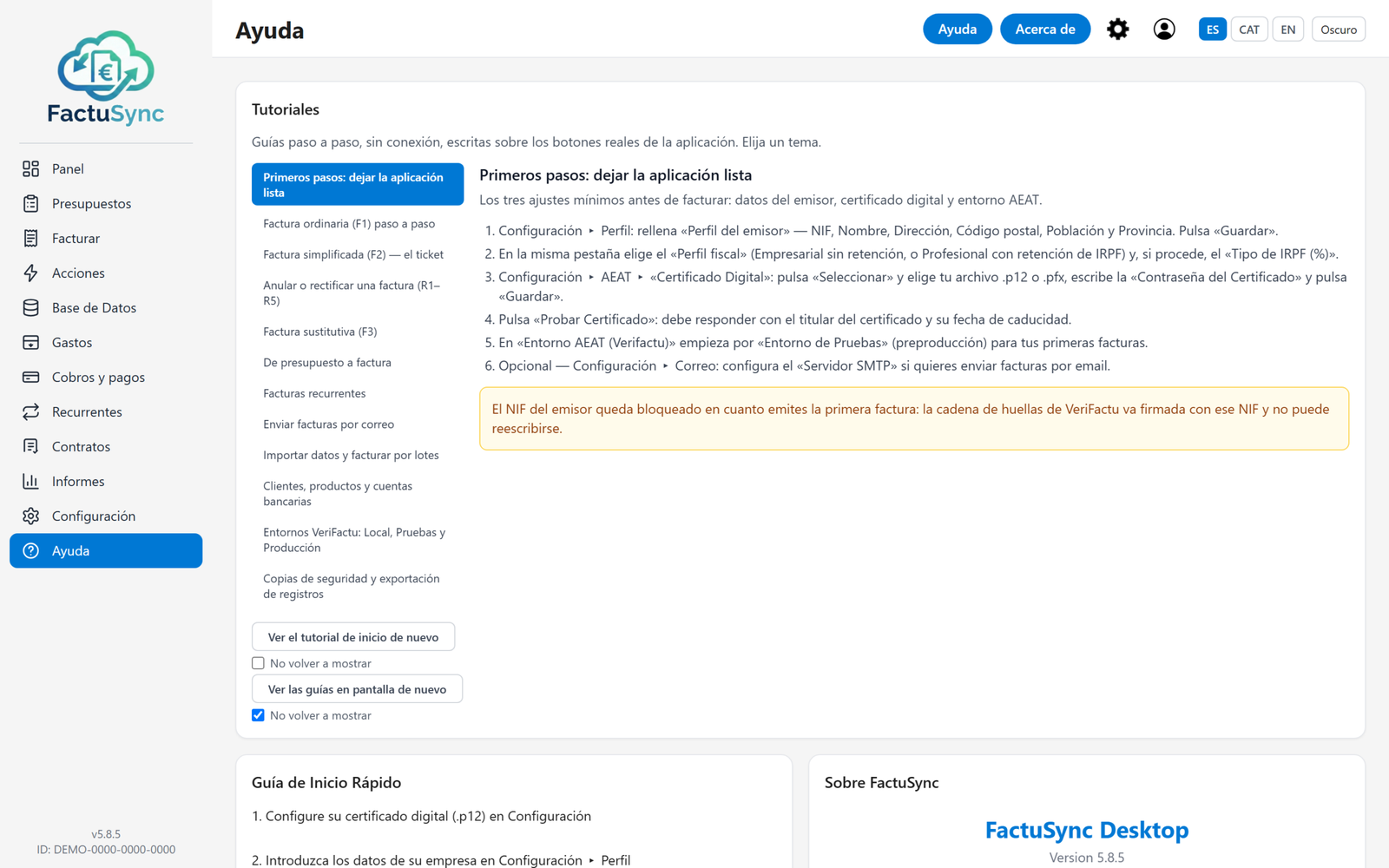 Pantalla de Ayuda de FactuSync con la lista de tutoriales sin conexión