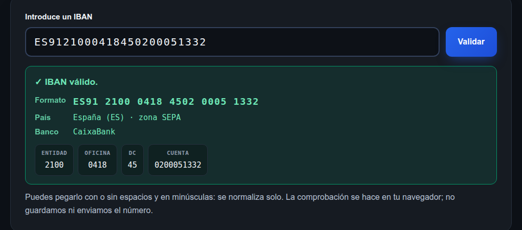 Validador de IBAN mostrando un IBAN español válido con banco y oficina