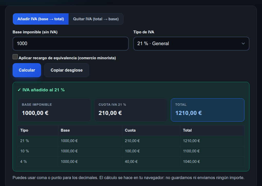 Calculadora de IVA con 1.000 € de base al 21 %: cuota de 210 € y total de 1.210 €